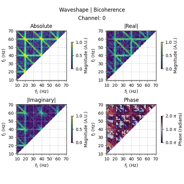 Waveshape | Bicoherence, Absolute, |Real|, |Imaginary|, Phase